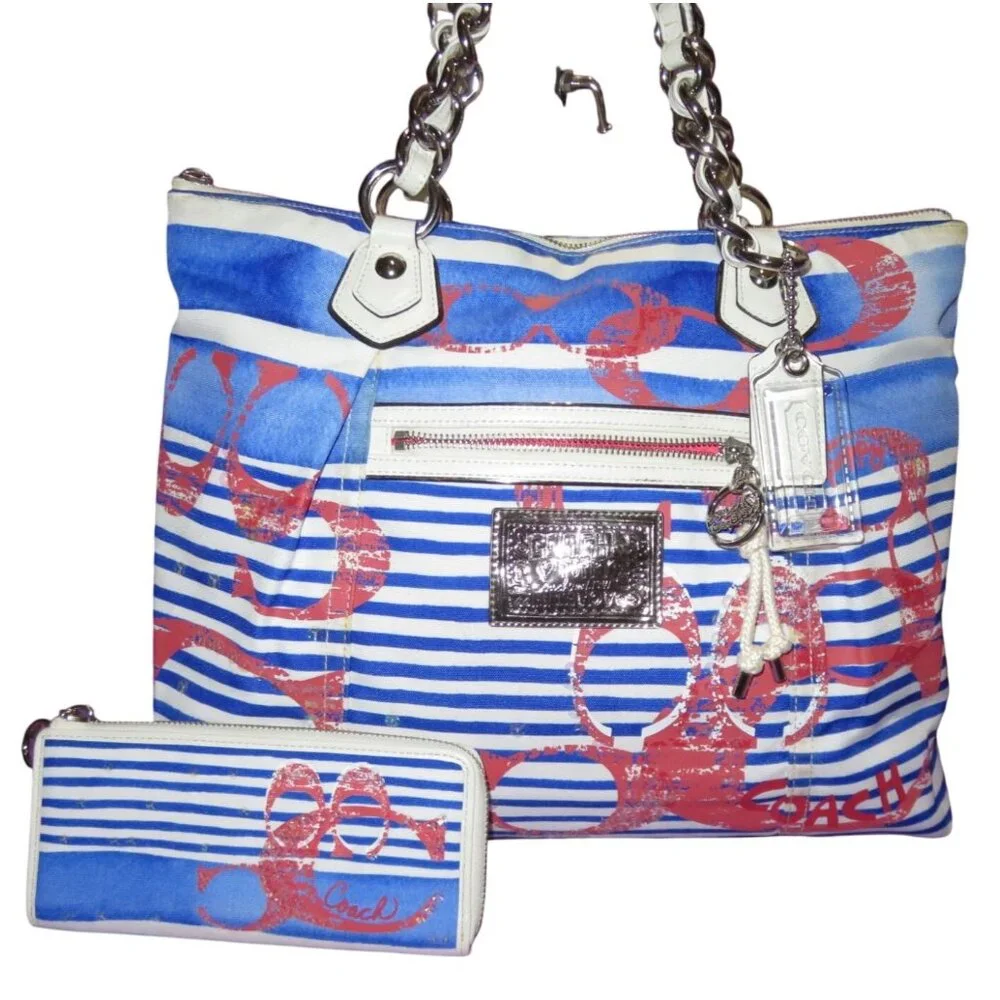 Coach 2011 Rocker Nautical Theme Sequined Poppy Canvas Tote & matching wallet